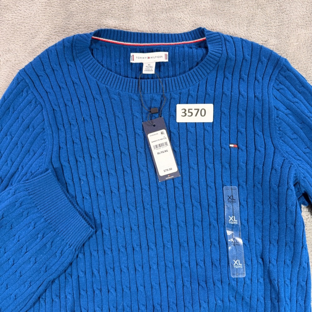 Tommy Hilfiger Cable‎ Knit Sweater Women XL Blue XW07179 400 C3J Cotton Crewneck